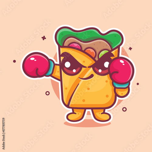 serious burrito food animal character mascot playing boxing sport isolated cartoon