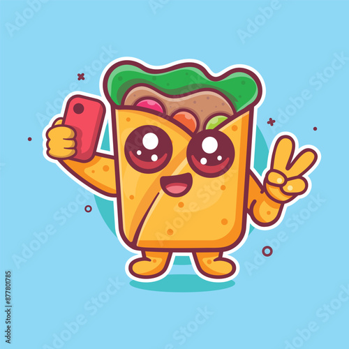 happy burrito food character mascot taking a selfie with a smartphone isolated cartoon