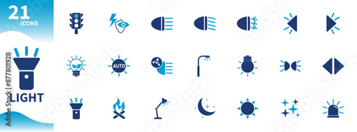 Lamp and light icon. Set of icons for car lights, table lamps, fire, flashlight, sun,... photo