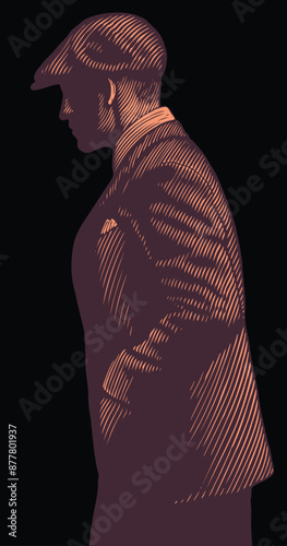 A passerby in a cap. Editable hand drawn illustration. Vector vintage engraving. Isolated on black background. 8 EPS