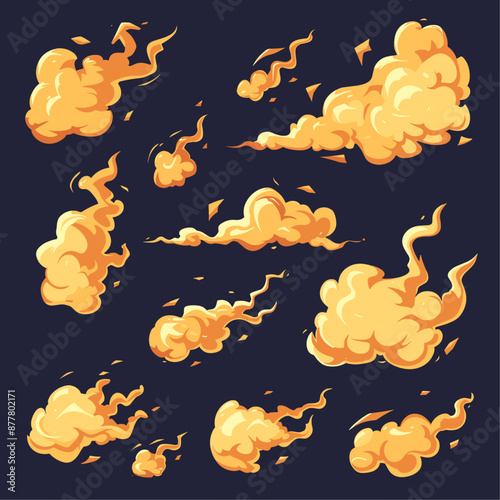 Cartoon fire and smoke effect animation set, explosion, burst and cloud