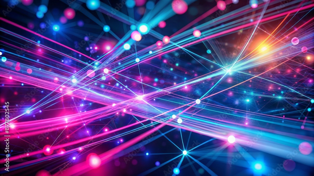 Vibrant pink and blue glowing neon lines intersect amidst bokeh lights, evoking a futuristic data transfer concept on a dynamic abstract backdrop.