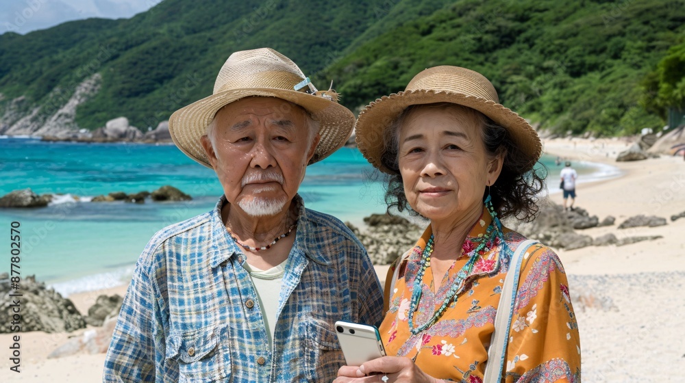 Fototapeta premium Senior couple using a smartphone to capture travel memories Stock Photo with copy space