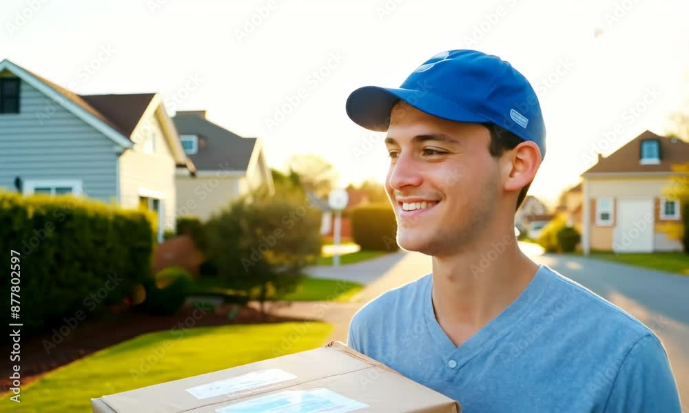 A young male delivery worker wearing a blue cap and shirt, smiling and holding a cardboard box A young male delivery worker wearing a blue cap and shirt, smiling and holding a cardboard box