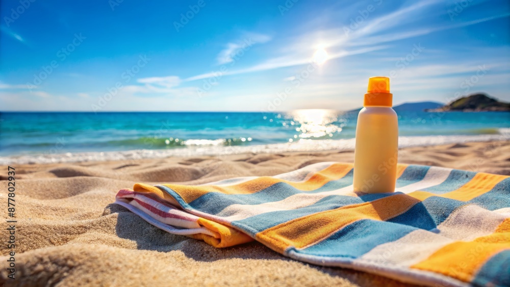 Sunny day's serene atmosphere with a bottle of sun cream and a beach towel on a sandy surface, conveying skin safety awareness. Sunny day's serene atmosphere with a bottle of sun cream and a beach towel on a sandy surface, conveying skin safety awareness.