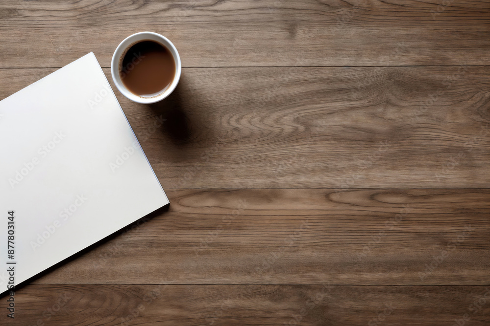 Blank white notepad is lying on a wooden desk with a cup of coffee, providing copy space for your message Blank white notepad is lying on a wooden desk with a cup of coffee, providing copy space for your message