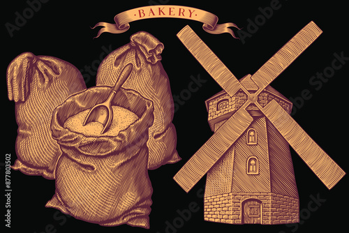 Sacks of flour and a windmill. Editable hand drawn illustration. Vector vintage engraving. Isolated on black background. 8 EPS