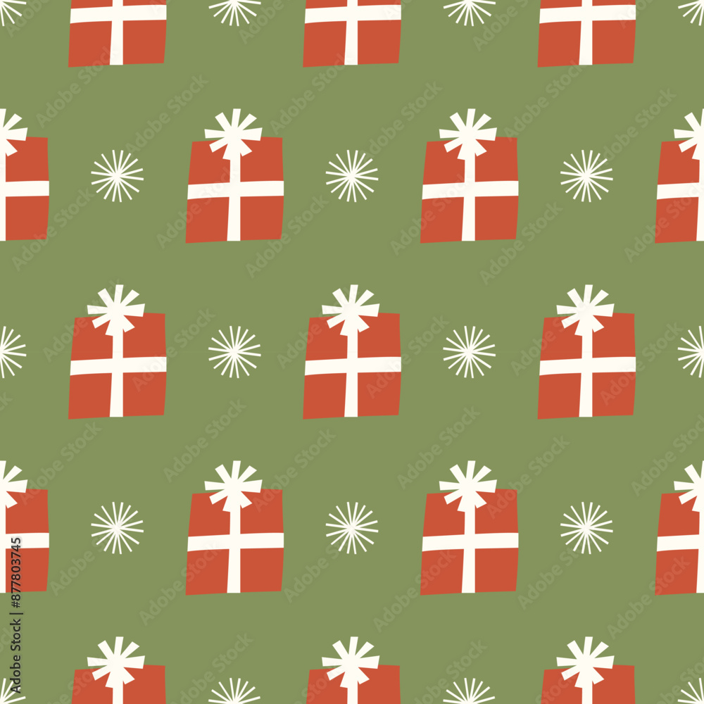Fototapeta premium Christmas gift box seamless pattern. Paper cutout red present boxes on green background. Ideal for wrapping paper, stationeries, textile, and more.