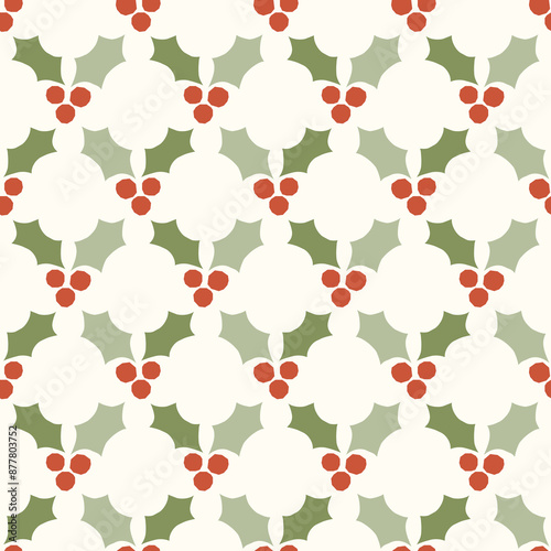 Holly berry seamless pattern made with paper cutouts. Olive green holly leaves and red berries on white background. Ideal for wrapping paper, stationeries, textile, and more.