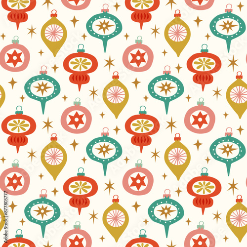 Vintage Christmas baubles seamless pattern. Hand-drawn colorful Christmas ornaments on white background. Ideal for wrapping paper, textile, backgrounds, and more.