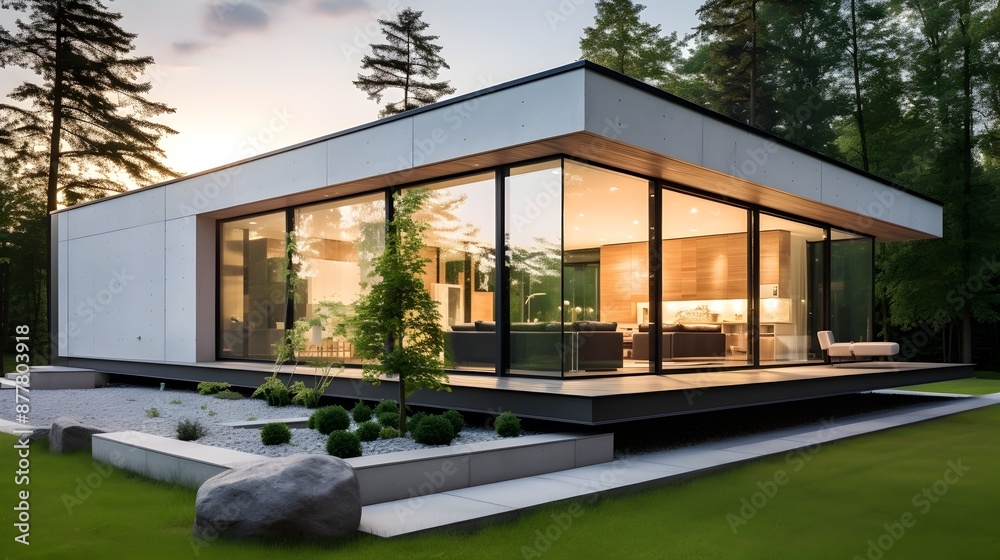 Fototapeta premium Elegant Minimalist Architectural Masterpiece with Glass and Concrete Exterior at Dusk