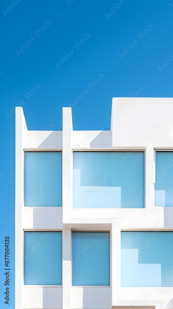 Minimalistic Architectural Facade with Large Geometric Windows and a Blue Sky Backdrop Minimalistic Architectural Facade with Large Geometric Windows and a Blue Sky Backdrop