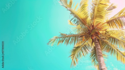 Vivid summer backdrop with coconut tree and teal sky