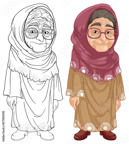 Illustration of an elderly woman in traditional clothing