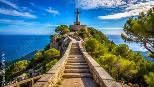 way to picot cross, Sanctuary of the Mare de Déu de Sant Salvador, XIV century., Felanitx, Majorca, Balearic Islands, Spain