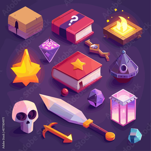 Fantasy game assets. sword, skull, book, gems, and more