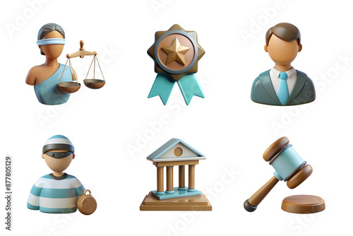 law and judgment set collection icon turquoise color in plastic 3d style
