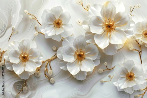 Abstract and elegant 3D white flower wallpaper with gold artistic digital print, suitable for custom design murals: Exquisite artificial intelligence illustration decoration.