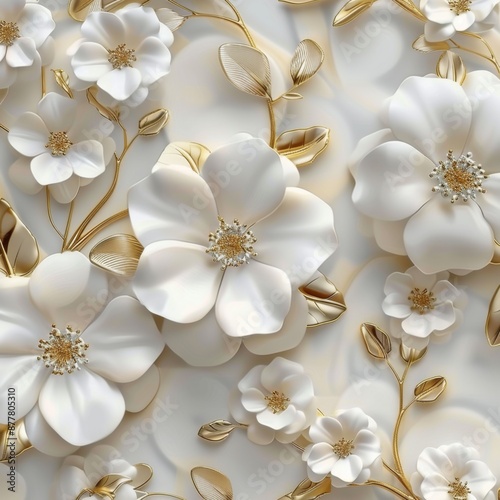 Wallpaper Mural Abstract and elegant 3D white flower wallpaper with gold artistic digital print, suitable for custom design murals: Exquisite artificial intelligence illustration decoration. Torontodigital.ca
