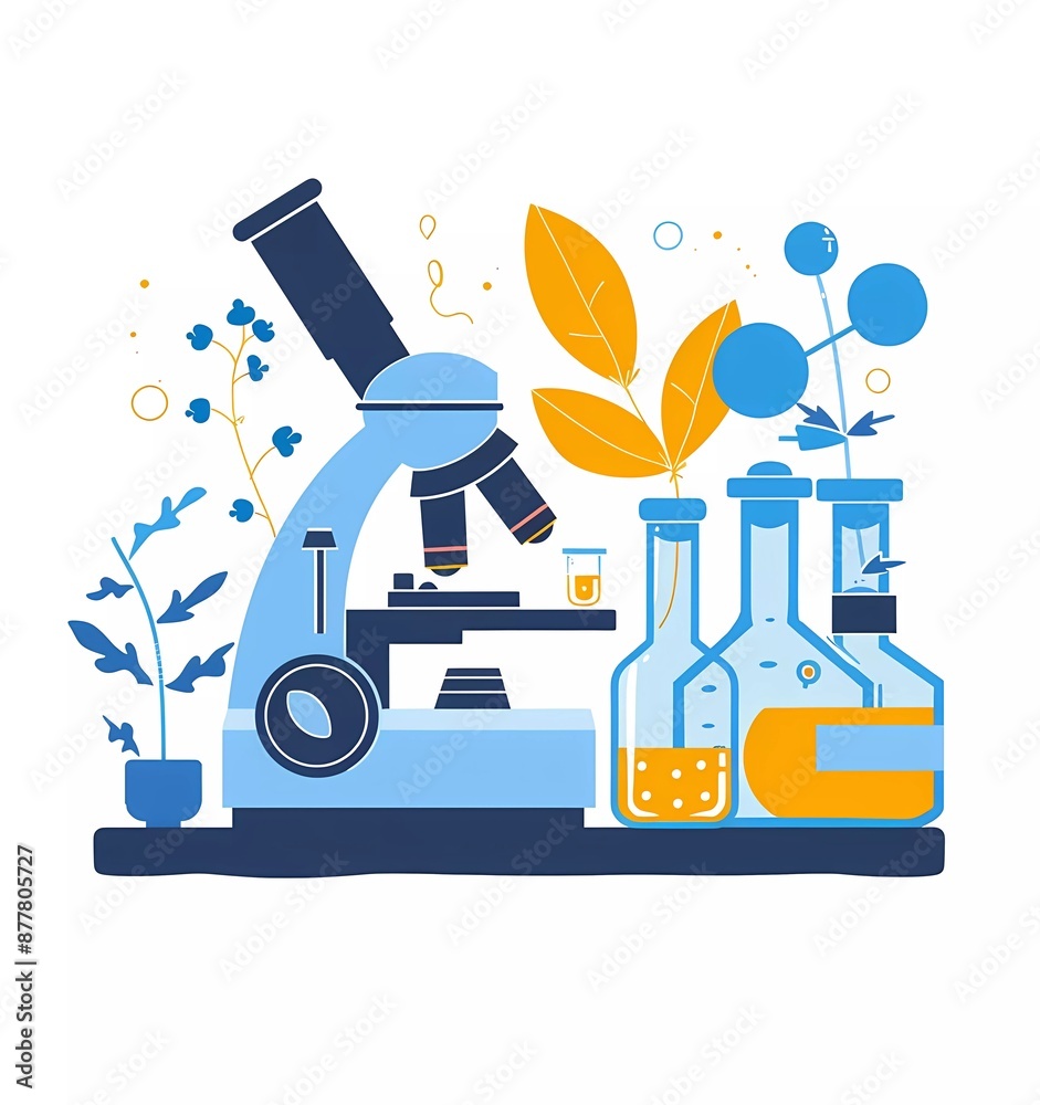 flat vector illustration of organic science lab, blue color palette with elements like microscope and plant flat vector illustration of organic science lab, blue color palette with elements like microscope and plant
