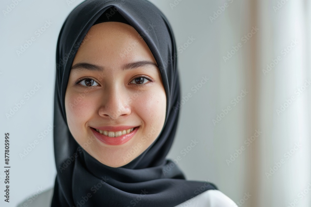 Cheerful young Asian Muslim woman isolated over white background Cheerful young Asian Muslim woman isolated over white background
