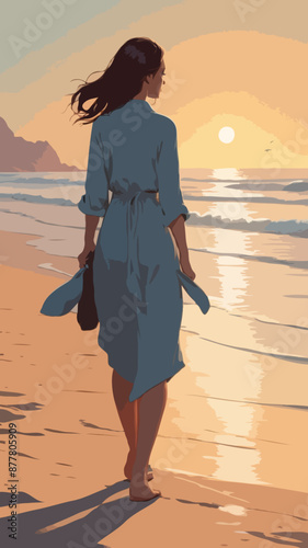 Young girl walking alone in beach during sun set 