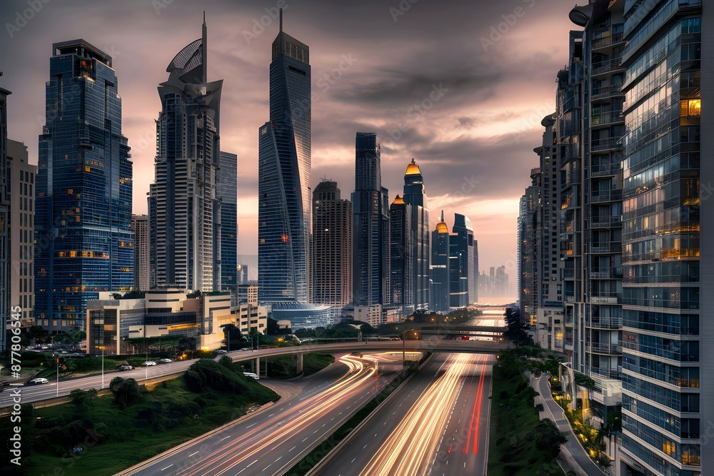 Obraz premium Night Traffic in Urban Cityscape: Speedy Road Transportation, Downtown Lights, Urban Street Traffic, Skyscraper Buildings with Vibrant Lights, Modern City Life and Motion in Dusk