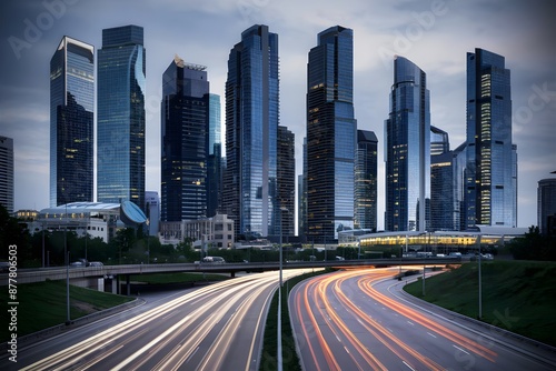 Night Traffic in Urban Cityscape: Speedy Road Transportation, Downtown Lights, Urban Street Traffic, Skyscraper Buildings with Vibrant Lights, Modern City Life and Motion in Dusk