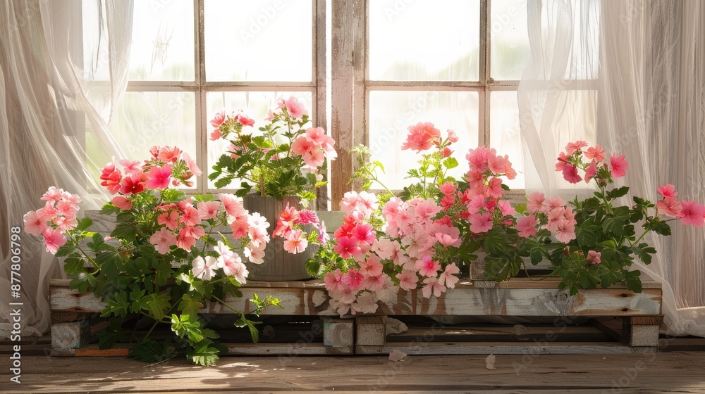 Geranium flowers arranged on wooden pallet with window backdrop Geranium flowers arranged on wooden pallet with window backdrop