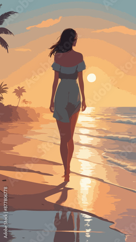 Young women walking alone in beach during sun set 