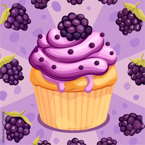 Purple blackberry cupcake with frosting and berries on purple background