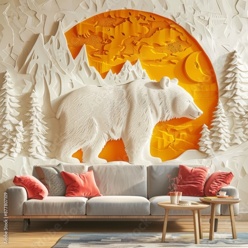 Abstract and enchanting bear relief, a majestic 3D mural that depicts the splendor of wildlife and flora for your dwelling. photo