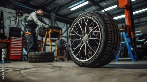 Wallpaper Mural Mechanic service is changing new tires and wheels. on the garage background Torontodigital.ca