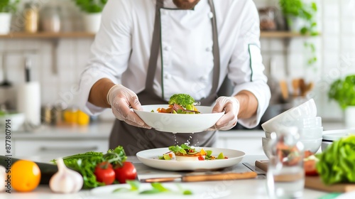 12 Chef preparing a gourmet meal in a modern kitchen, detailed focus, Cooking, Gourmet, Culinary Arts