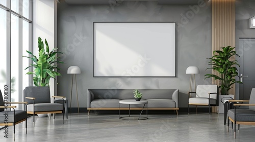 Mockup of a empty horizontal picture frame in a modern waiting room © Achmad Khoeron