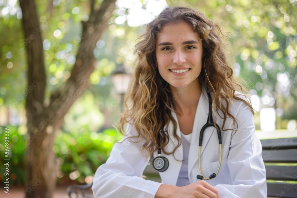 Female medical resident sits on campus park Female medical resident sits on campus park