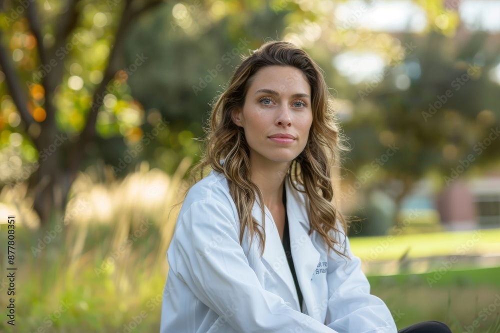 Female medical resident sits on campus park Female medical resident sits on campus park