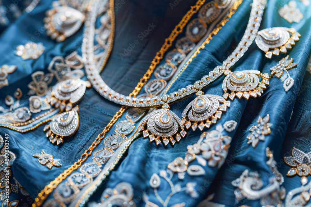 Obraz premium silver jewelry on purple silk cloth