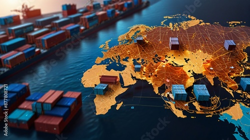 AI technology enhances global logistics for international delivery, using a world map to manage supply chains and container ship networks for export-import  photo