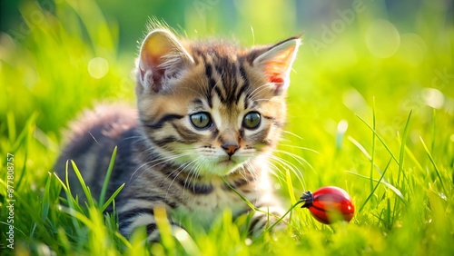 Junge Katze mit Marienkäfer, auf grüner Wiese photo