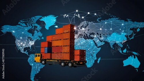 AI technology enhances global logistics for international delivery, using a world map to manage supply chains and container ship networks for export-import 
