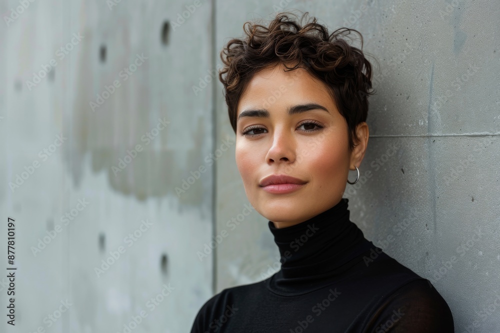 hispanic woman with short hair wears turtleneck looking at camera