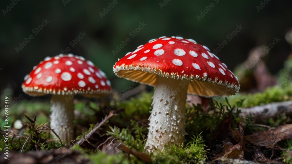 A stunning close-up photograph of a fly agaric mushroom, showcasing its iconic red cap adorned with distinct white spots. The mushroom appears to be glowing slightly, giving it a mystical A stunning close-up photograph of a fly agaric mushroom, showcasing its iconic red cap adorned with distinct white spots. The mushroom appears to be glowing slightly, giving it a mystical