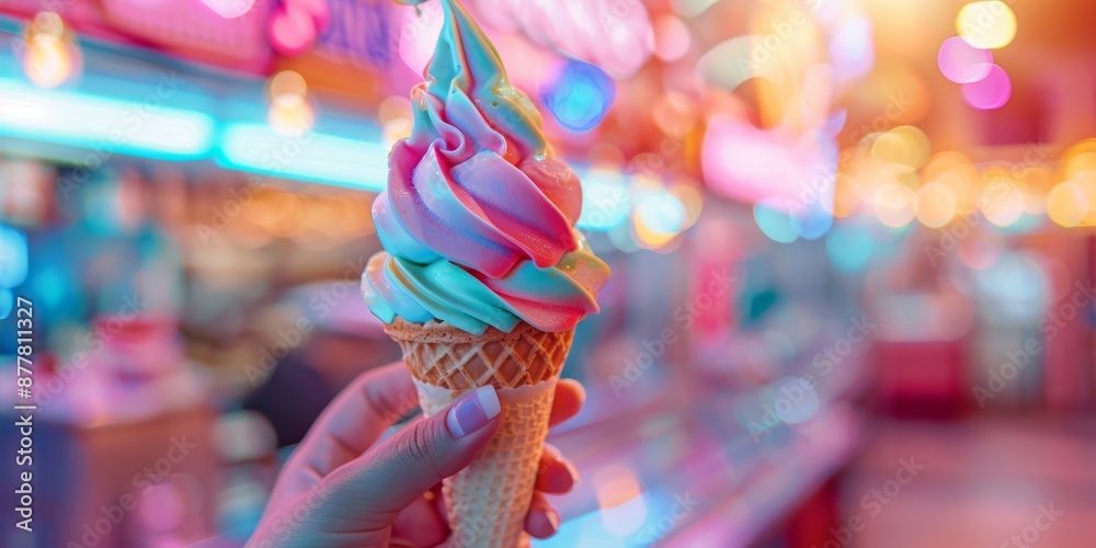 Hand Holding Colorful Ice Cream Cone in Vibrant Neon-lit Setting