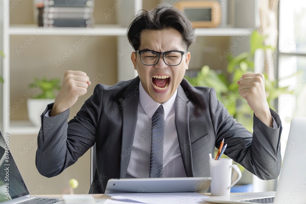 Asian business man are delighted and happy with the work they do on their tablet, laptop and taking notes at the office - generative ai Asian business man are delighted and happy with the work they do on their tablet, laptop and taking notes at the office - generative ai