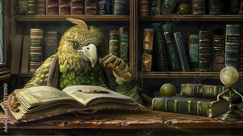 Kakapo in a librarian’s outfit, shelving books.