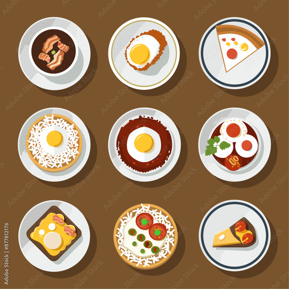 Breakfast Food Icons. Eggs, Pizza, Coffee, Toast, Top View