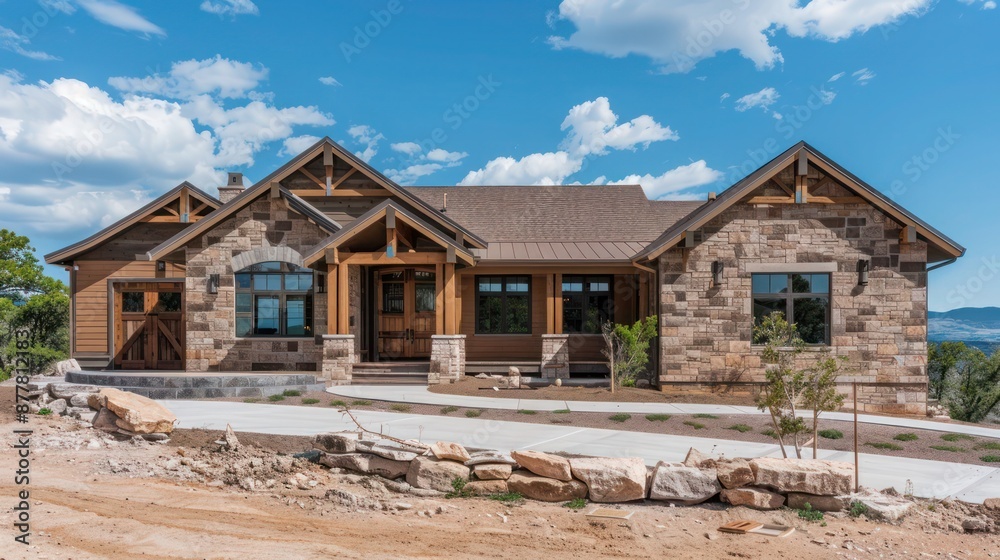 ranch-style home with a blend of stone and wood materials, creating a rustic yet modern look ranch-style home with a blend of stone and wood materials, creating a rustic yet modern look
