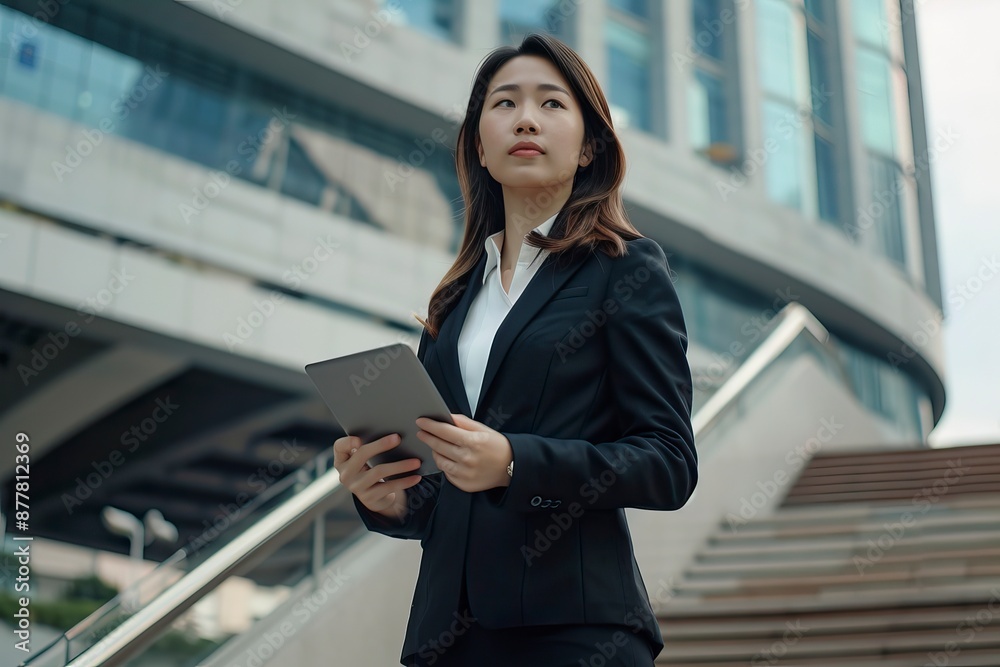 Asian business woman in a black suit holding a tablet while standing on the steps against the backdrop of business centers - generative ai Asian business woman in a black suit holding a tablet while standing on the steps against the backdrop of business centers - generative ai