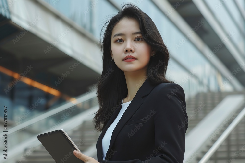 Asian business woman in a black suit holding a tablet while standing on the steps against the backdrop of business centers - generative ai Asian business woman in a black suit holding a tablet while standing on the steps against the backdrop of business centers - generative ai